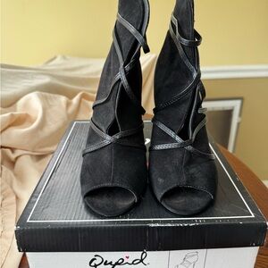 Suede Black Open-Toe Heel Boots